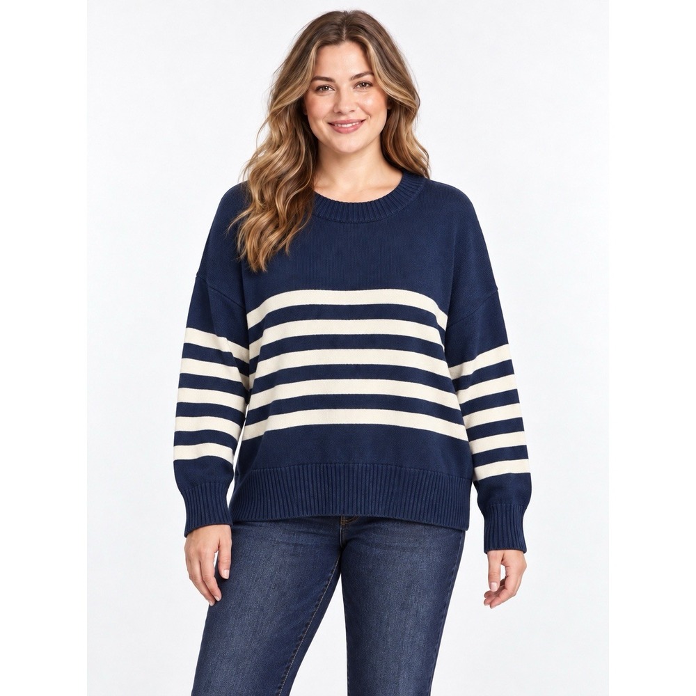 NWT Lands End Drifter Womens XL 18 Cotton Sweater Navy Ivory Stripe Coastal